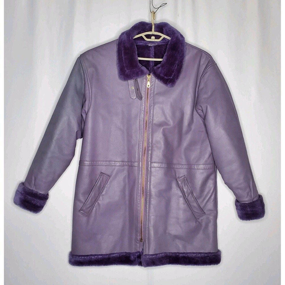 Andrew Klein Purple Leather Coat Women XS Faux Fur Buckle Collar Y2K Glam Baddie